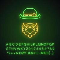 Leprechaun neon light icon. Man with bowler hat and beard. Saint Patrick Day. Glowing sign with alphabet, numbers and symbols. Vector isolated illustration