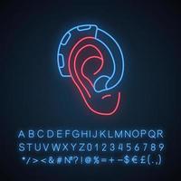 Hearing aid amplifier neon light icon. Acoustic sound enhancer. Hearing loss therapy. Assistive listening medical device. Glowing sign with alphabet, numbers and symbols. Vector isolated illustration