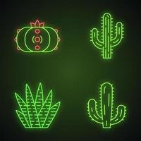 Wild cactuses neon light icons set. Succulents. Cacti collection. Saguaro, peyote, mexican giant and zebra cactuses. Glowing signs. Vector isolated illustrations