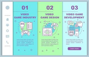 Video game industry onboarding mobile web pages vector template. Responsive smartphone website interface idea with linear illustrations. Webpage walkthrough step screens. Color concept