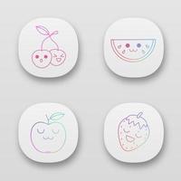 conjunto de personajes de la aplicación kawaii lindo de frutas. emoji divertido, emoticono, sonrisa. cereza, sandía, manzana, fresa con caras sonrientes. ilustración vectorial aislada vector