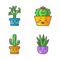 cactus lindos personajes vectoriales kawaii. plantas con caras tristes. silenciados cactus elefante. cactus peyote risueño. besando a los cactus caseros de cebra. emoji divertido, juego de emoticonos. ilustración de color de dibujos animados aislados vector