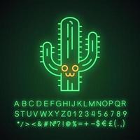 saguaro lindo personaje de luz de neón kawaii. cactus con cara sonriente. cactus silvestres feliz planta tropical. emoji divertido, emoticono. icono brillante con alfabeto, números, símbolos. ilustración vectorial aislada