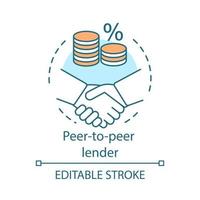 Peer-to-peer lender concept icon. P2P lending. Investment in loan. Deposit agreement. Credit idea thin line illustration. Vector isolated outline drawing. Editable stroke