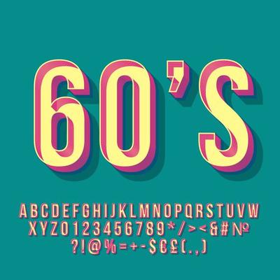 60s vintage 3d vector lettering. Retro bold font. Pop art stylized text. Old school style letters, numbers, symbols pack. 90s, 80s poster, banner, t shirt typography design. Turquoise color background