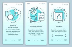 Startup testing onboarding mobile app page screen with linear concepts. Product test. MVP, POC, prototype walkthrough steps graphic instructions. UX, UI, GUI vector template with illustrations