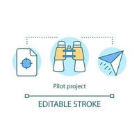Pilot project concept icon. Startup. Project start. Paper airplane, target, binoculars. New product launch idea thin line illustration. Vector isolated outline drawing. Editable stroke