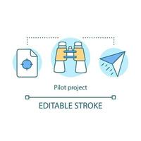 Pilot project concept icon. Startup. Project start. Paper airplane, target, binoculars. New product launch idea thin line illustration. Vector isolated outline drawing. Editable stroke