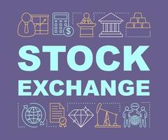 Stock exchange word concepts banner. Financial market. Purchase of securities. Broker work. Presentation, website. Isolated lettering typography idea with linear icons. Vector outline illustration