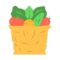 bolsa con verduras diseño plano icono de color de sombra larga. comida orgánica, vegetariana y saludable. productos naturales. tienda de comestibles. agricultura ecológica. bolsa respetuosa con el medio ambiente. ilustración de silueta vectorial vector