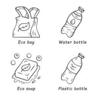 Zero waste swaps handmade linear icons set. Eco friendly, reusable materials. Plastic water bottle, eco soap, bag. Thin line contour symbols. Isolated vector outline illustrations. Editable stroke