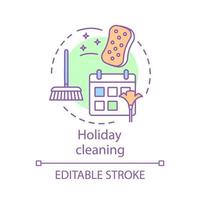 Holiday cleaning concept icon. Cleaning services idea thin line illustration. Spring cleaning. Sweeping, wiping. House maintenance. Housekeeping. Vector isolated outline drawing. Editable stroke