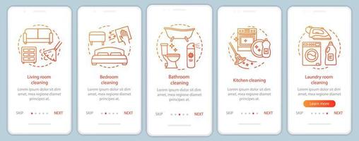 Home cleaning onboarding mobile app page screen, linear concepts. Laundry room, kitchen, bathroom cleanup. Five, walkthrough steps graphic instructions. UX, UI, GUI vector template with illustrations