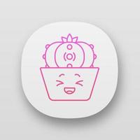 Peyote cactus app icon. Cactus with laughing face. Lophophora. Home cacti in pot. Happy plant, squinting eyes. UI UX user interface. Web or mobile applications. Vector isolated illustrations