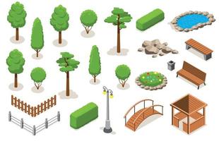 conjunto de iconos de elementos de paisaje de parque isométrico vector