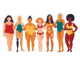 Multiracial women of different height and figure type in swimsuits standing in row. Female cartoon characters. Body positive movement and beauty diversity. vector