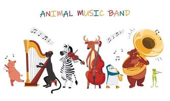 personajes de la banda de música de animales de música vectorial. lindos animales de dibujos animados tocando música. vector
