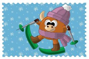 tarjeta de navidad con lindo toro de dibujos animados y esquís