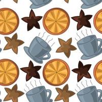 Seamless vector pattern with a mug, an orange slice, and a star-shaped cookie