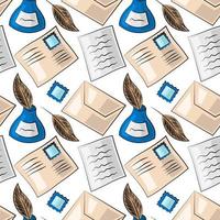 Seamless vector pattern with envelopes, inkwells, letters and pens