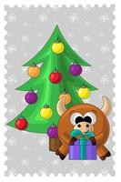 Christmas card with cute cartoon bull and gift vector