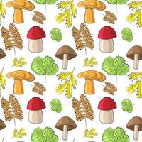 Seamless vector pattern with wild mushrooms and leaves