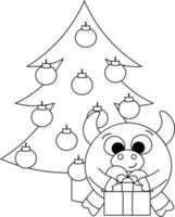 lindo toro, árbol de navidad y regalo en blanco y negro vector