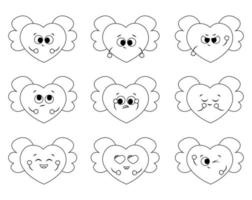 Set with cute cartoon Heart with Wing. Draw illustration in black and white vector