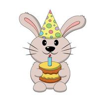 lindo conejo de dibujos animados con pastel de celebraciones y sombrero. dibujar una ilustración en color vector