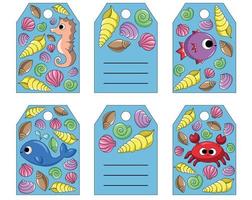 Set with small postcards in form tags. Theme cute cartoon underwater world. vector