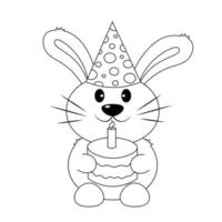 lindo conejo de dibujos animados con pastel de celebraciones y sombrero. dibujar ilustraciones en blanco y negro vector