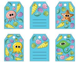 Set with small postcards in form tags. Theme cute cartoon underwater world. vector