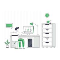 Person working on computer, flat illustration of workspace vector