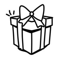 A wrapped gift box with beautiful decorative ribbon bow, doodle vector icon