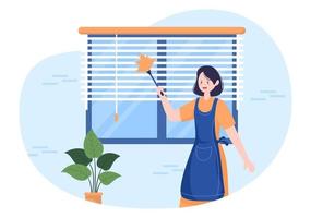 tratamiento de ventanas y cortinas de servicio de mini persianas usando varias herramientas de limpieza o interiores de casas en ilustración de caricaturas planas vector