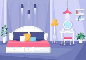 acogedor interior de dormitorio con muebles como cama, armario, mesita de noche, jarrón, araña de estilo moderno en ilustración de vectores de dibujos animados
