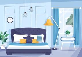 Cozy Bedroom Interior with Furniture Like Bed, Wardrobe, Bedside Table, Vase, Chandelier in Modern Style in Cartoon Vector Illustration