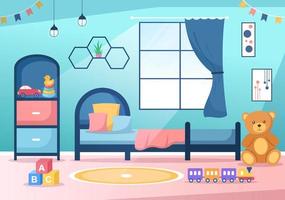 acogedor interior de dormitorio para niños con muebles como cama, juguetes, armario, mesita de noche, jarrón, lámpara de araña en estilo moderno en ilustración de vectores de dibujos animados