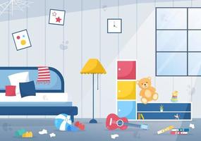 The Bedroom Interior of Messy or Dirty with Trash and Items Scattered Everywhere on Modern Style in Cartoon Vector Illustration