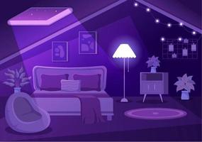 interior de dormitorio acogedor nocturno con muebles como cama, armario, mesita de noche, jarrón, lámpara de araña en estilo moderno en ilustración de vectores de dibujos animados