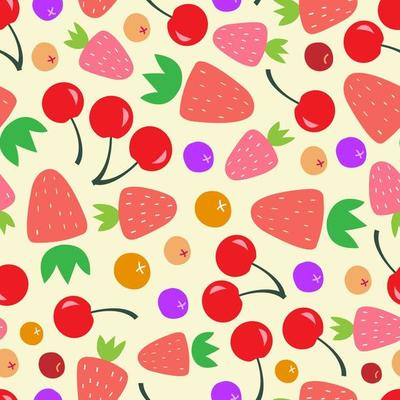 Seamless pattern from berries. Juicy strawberries, cherries, lingonberries, blueberries in style of carton, flat, hand draw. Print for surface design, digital paper, packaging, fabric. Useful product