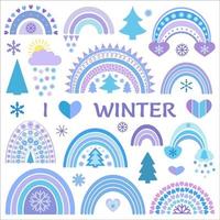 Winter rainbow collection in flat style. Cute illustration in blue on theme of Christmas, New Year, cozy winter. Rainbows, snowflakes, trees, hearts vector