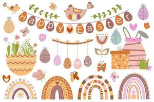 Cute set of Happy Easter. Illustrations in style of boho, cartoon, flat. For design of holiday cards, invitations, banners, stickers, posters. Rainbow, butterfly, flowers, eggs, chicken, rabbit vector