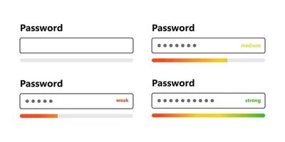 Password weak, medium and strong interface. Password form template for website. Digital security bar. Safety requirement. App design layout interface. Vector illustration isolated on white background