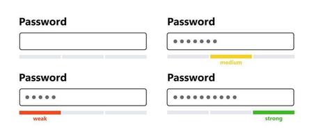 Interfaz de contraseña débil, media y fuerte. plantilla de formulario de contraseña para el sitio web. barra de seguridad digital. requerimiento de seguridad. interfaz de diseño de la aplicación. ilustración vectorial aislado sobre fondo blanco vector