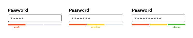 Password weak, medium and strong interface. Password form template for website. Digital security bar. Safety requirement. App design layout interface. Vector illustration isolated on white background