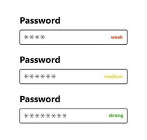 Password weak, medium and strong interface. Password form template for website. Digital security bar. Safety requirement. App design layout interface. Vector illustration isolated on white background