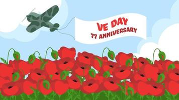 cinco días 77 aniversario vector banner con campo de amapolas y avión