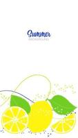 banner vectorial vertical con limones jugosos frescos, pinceladas decorativas y salpicaduras vector