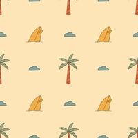 Seamless Pattern With Elements For Surfing. Palm Trees, Waves And Surf Boards In The Doodle Style. vector